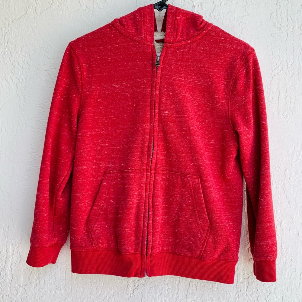 Cat & Jack target boys red fuzzy hoodie jacket zipper pockets size M 8/10 Sherpa